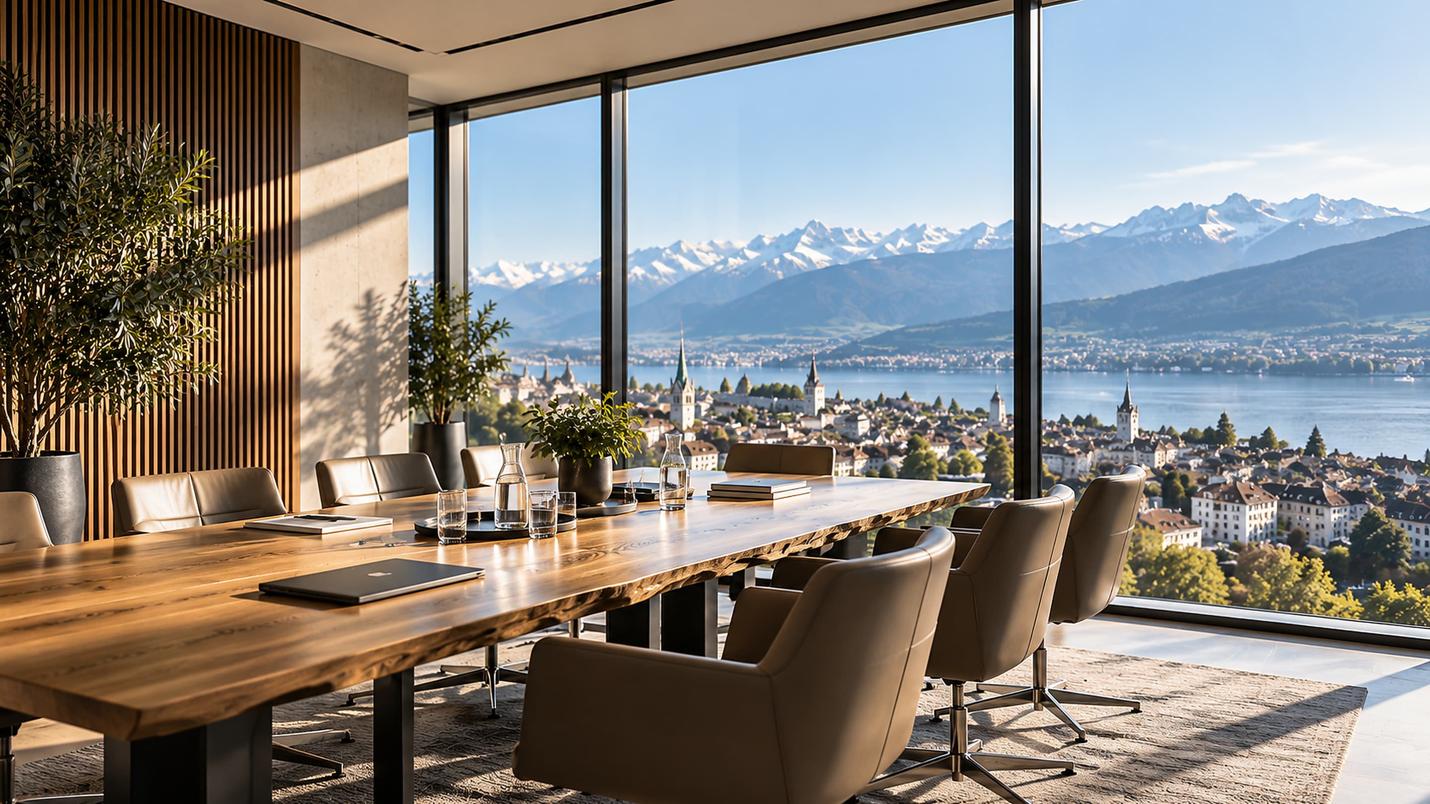 Helles Besprechungszimmer mit Holz, Sichtbeton und Blick auf den Alpenhorizont