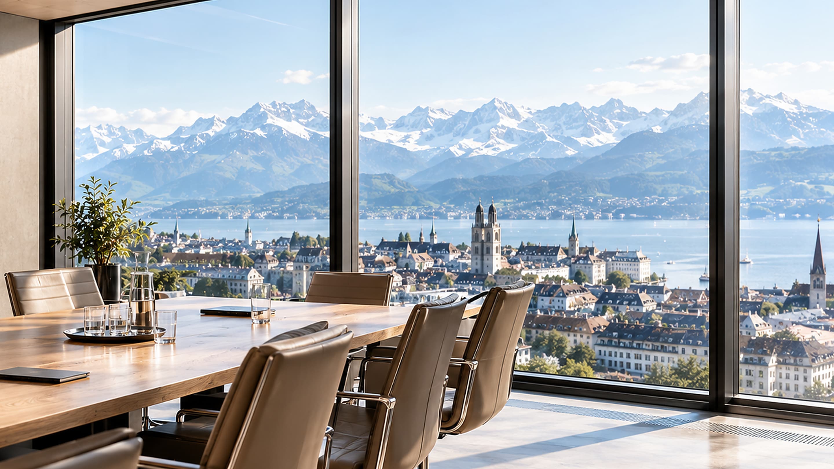 Konferenzraum mit Blick auf Zürichsee und Alpen, vorbereitet für eine Sitzung